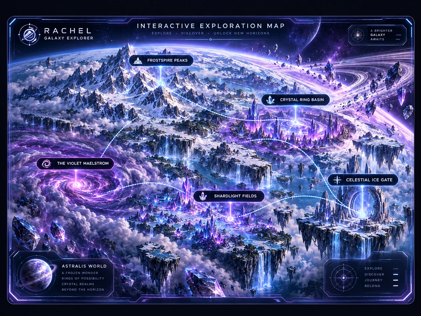 Astralis interactive planetary map showing five explorable regions