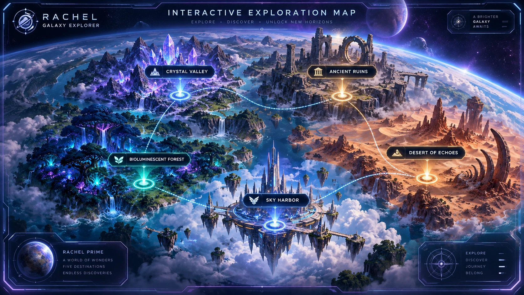 Interactive map of Elysium World with five locations