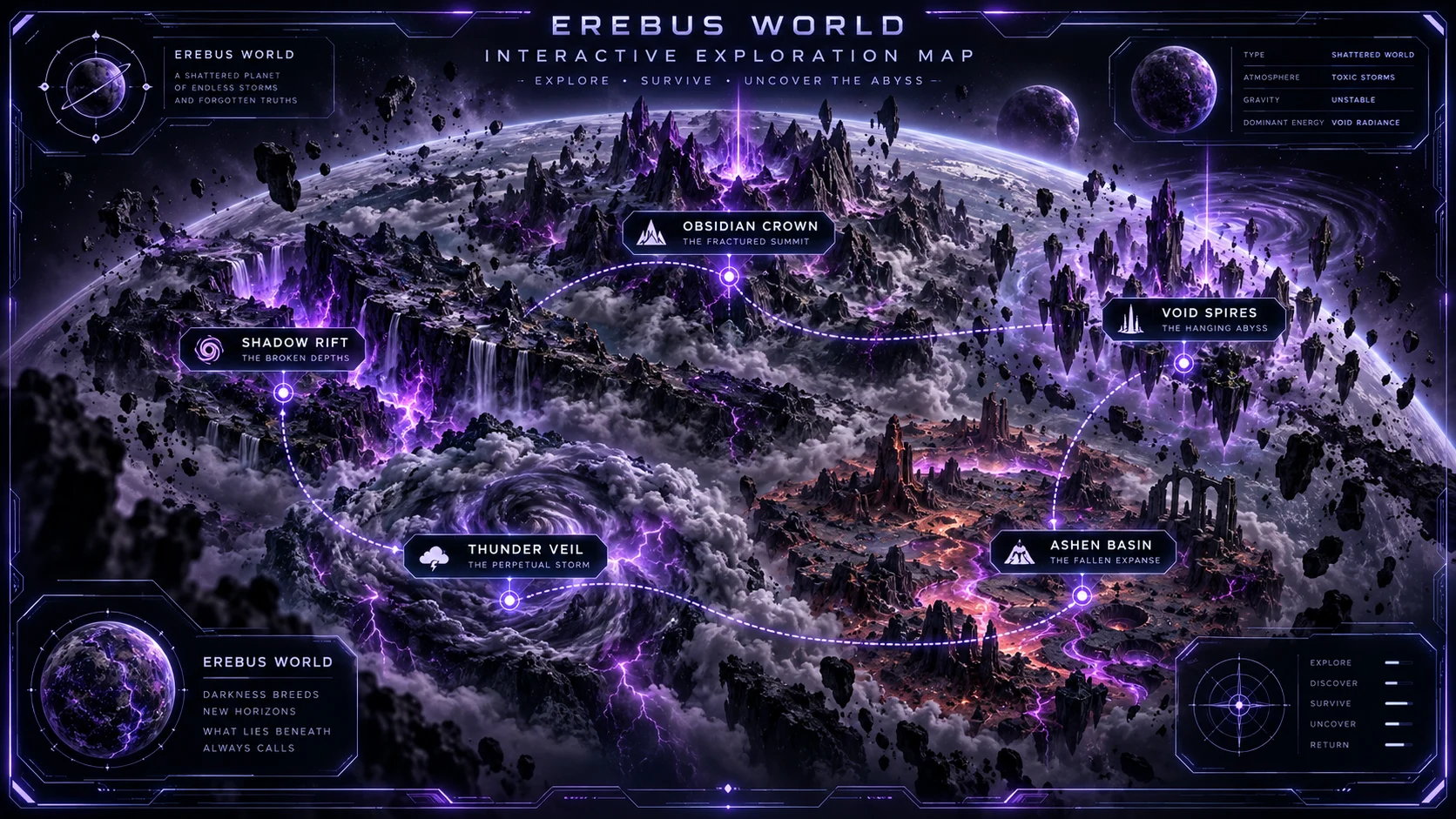 Interactive map of Erebus World with five regions