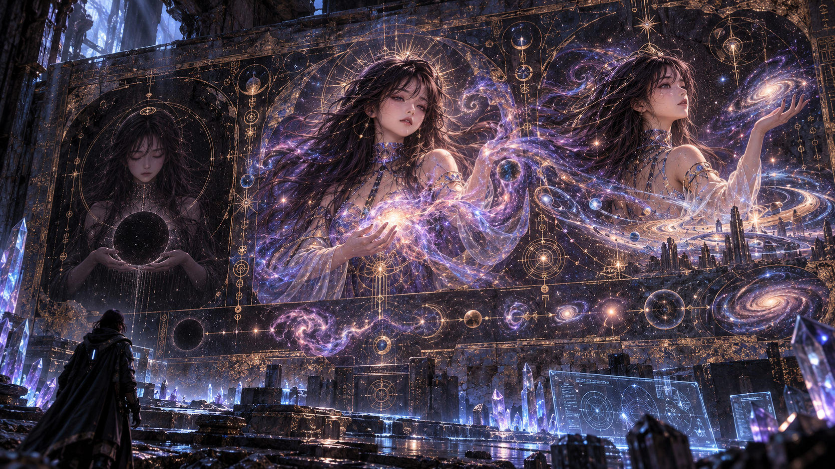Shadowed ancient wall covered by faded celestial engravings