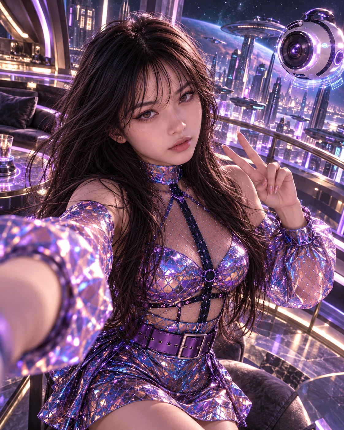 Rachel takes a selfie with her floating camera drone above a futuristic city